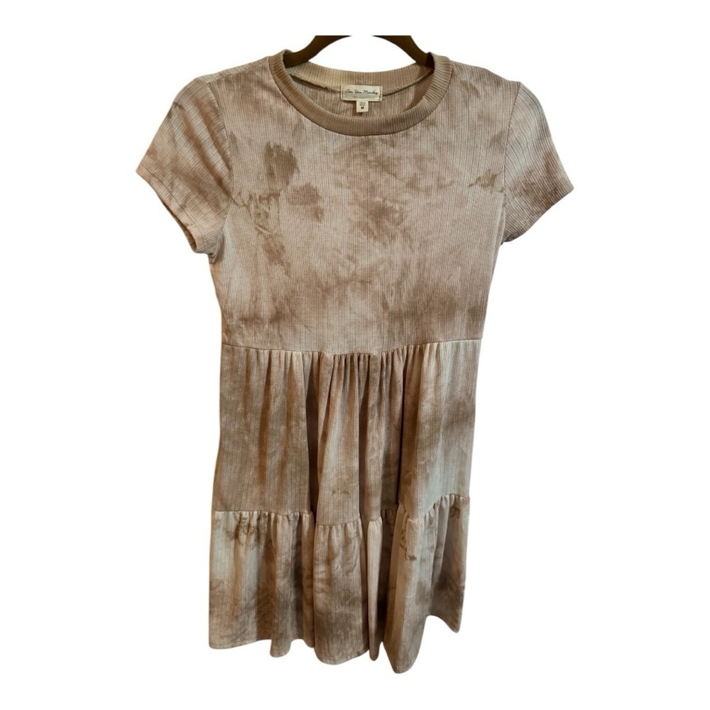 See You Monday Tan Tie Dye Tiered Short Sleeve Dress